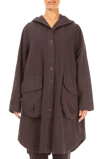 Hooded Truffle Brown Stretch Cotton Coat