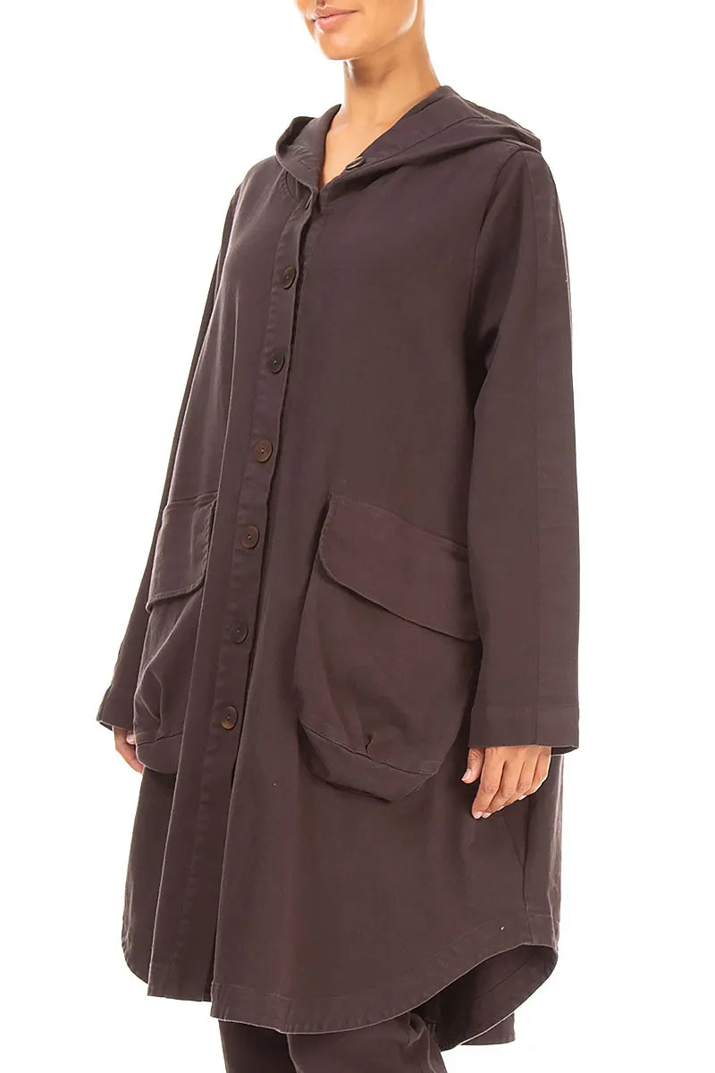 Hooded Truffle Brown Stretch Cotton Coat