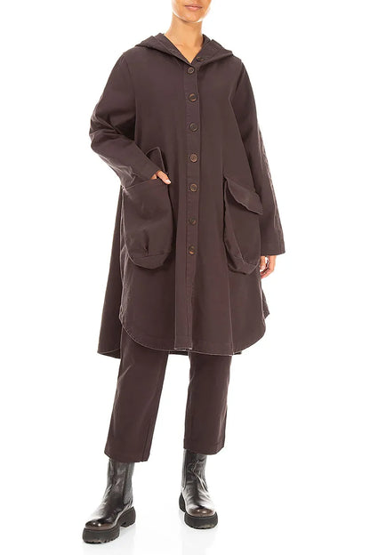 Hooded Truffle Brown Stretch Cotton Coat
