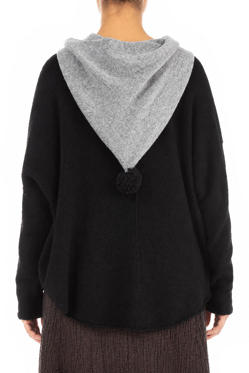 Hooded Two-Tone Black Wool Cardigan 2