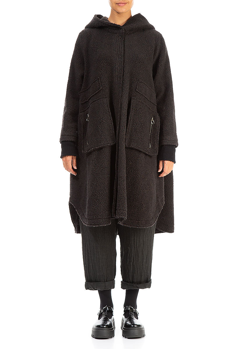 Hooded Zip Dark Chocolate Plush Wool Cotton Coat