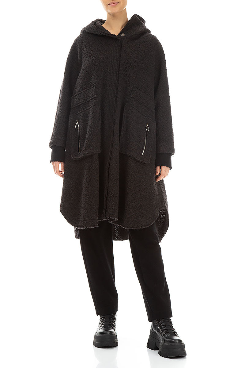 Hooded Zip Dark Chocolate Plush Wool Cotton Coat 4