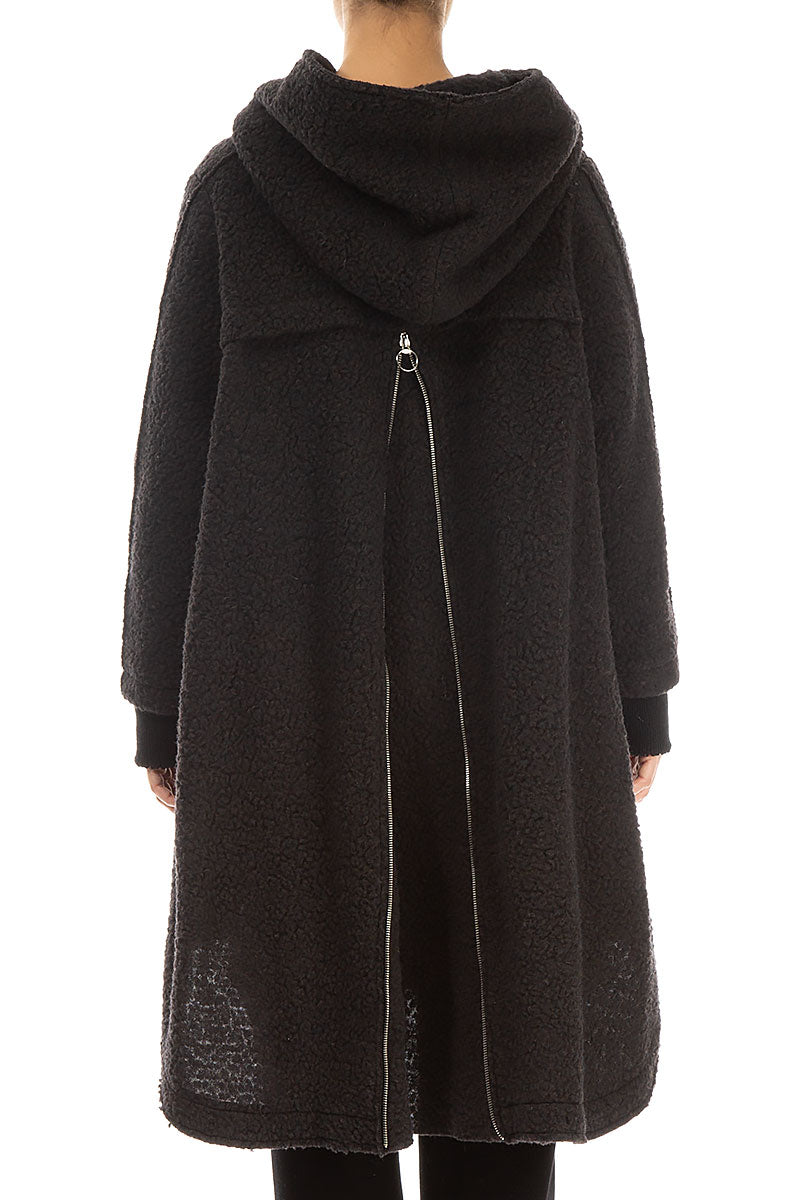 Hooded Zip Dark Chocolate Plush Wool Cotton Coat 2