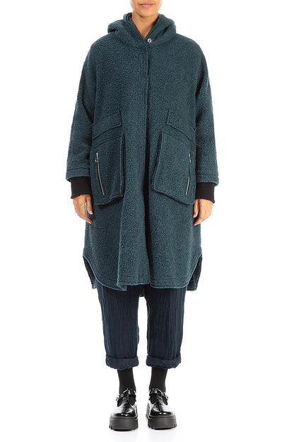 Hooded Zip Teal Plush Wool Cotton Coat 1