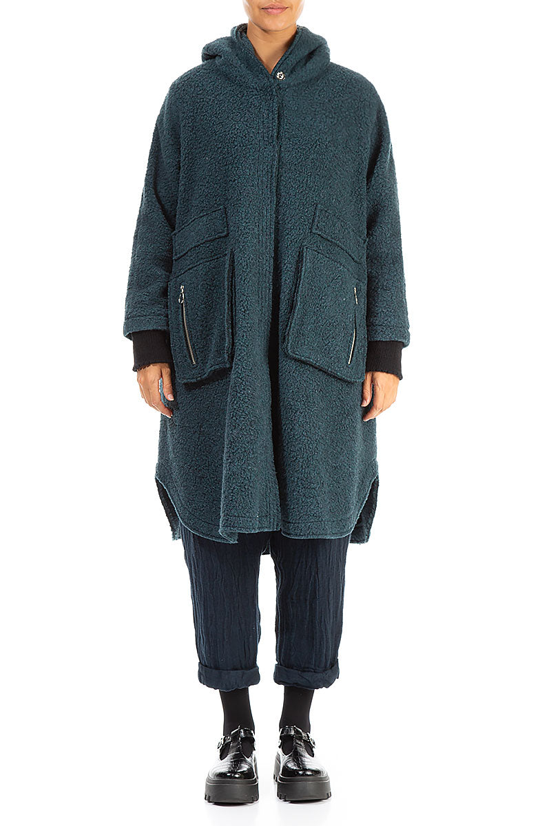 Hooded Zip Teal Plush Wool Cotton Coat