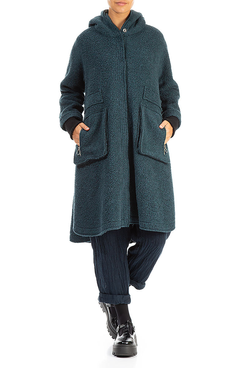 Hooded Zip Teal Plush Wool Cotton Coat 4