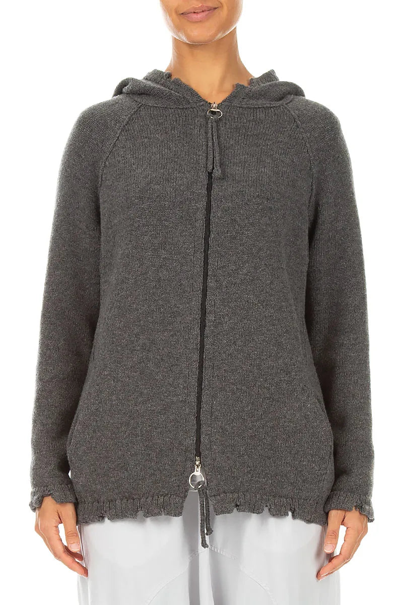 Gilet en Laine mérinos gris à capuche et fermetures éclair
