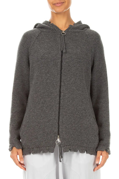 Gilet en Laine mérinos gris à capuche et fermetures éclair