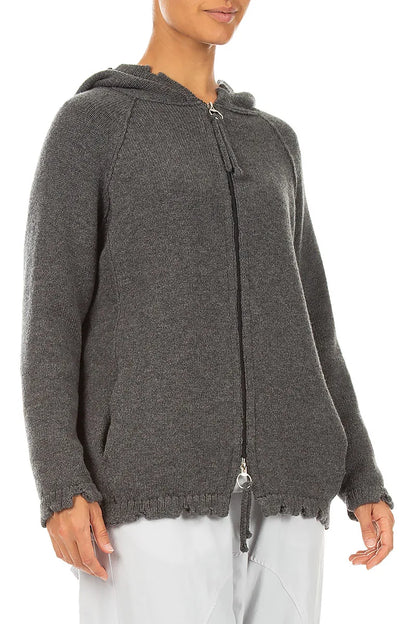 Gilet en Laine mérinos gris à capuche et fermetures éclair