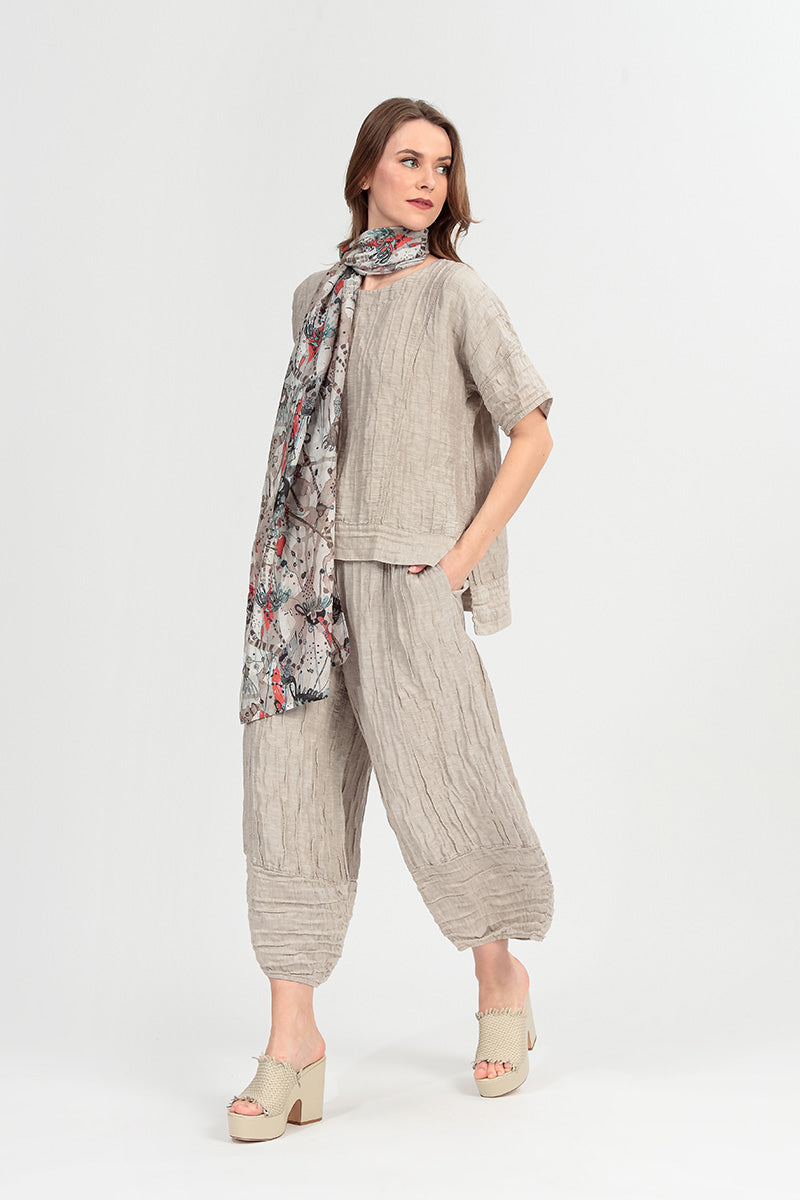 Horizontal Hem Crinkled Beige Silk Linen Blouse