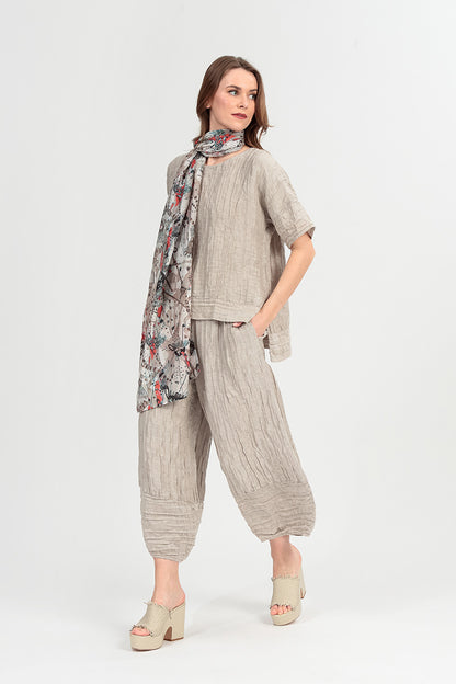 Horizontal Hem Crinkled Beige Silk Linen Blouse