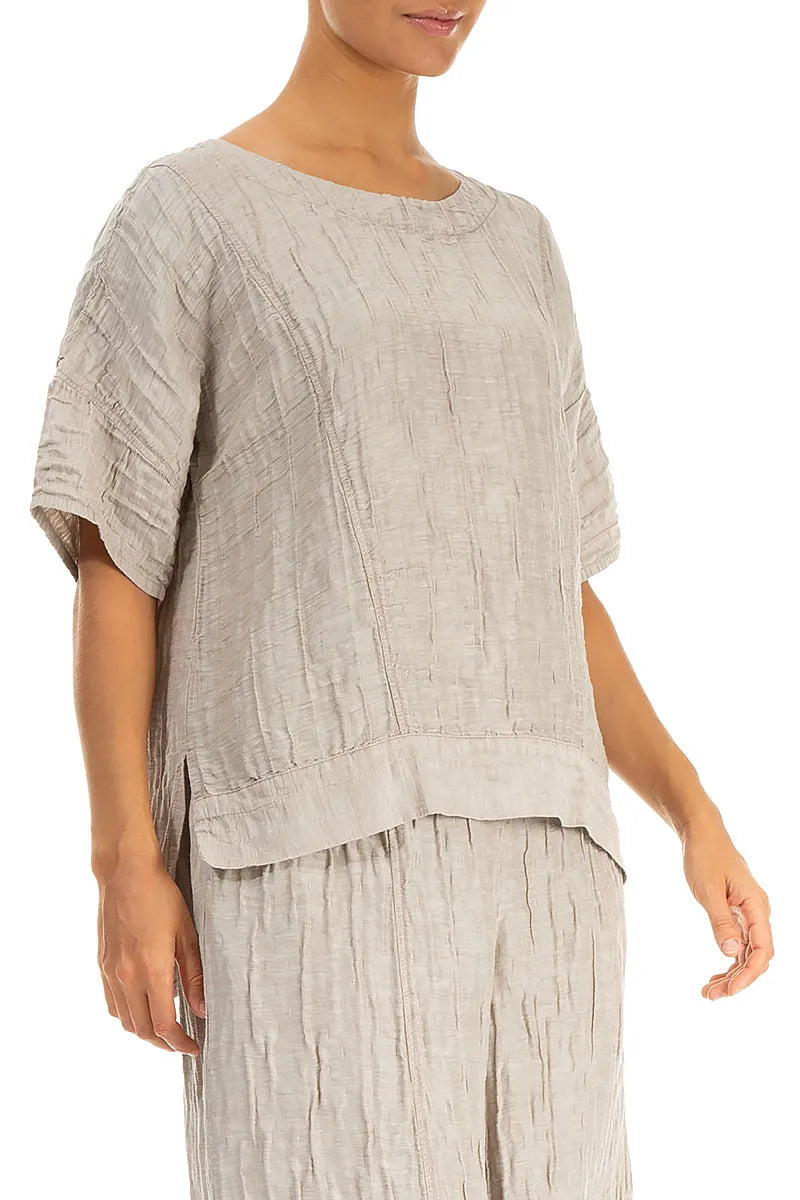 Horizontal Hem Crinkled Beige Silk Linen Blouse