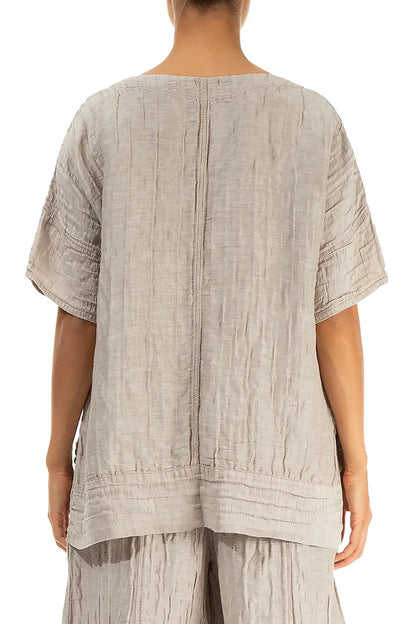 Horizontal Hem Crinkled Beige Silk Linen Blouse