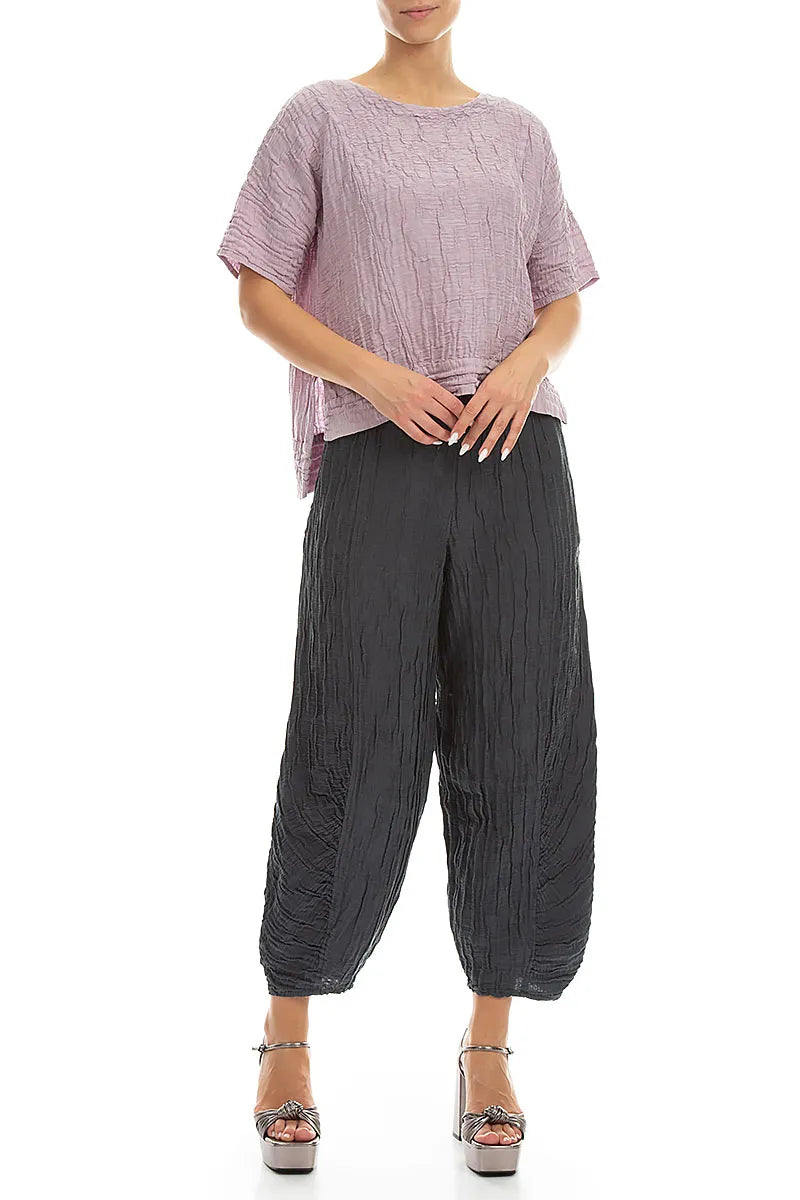 Horizontal Hem Crinkled Lilac Silk Linen Blouse 4