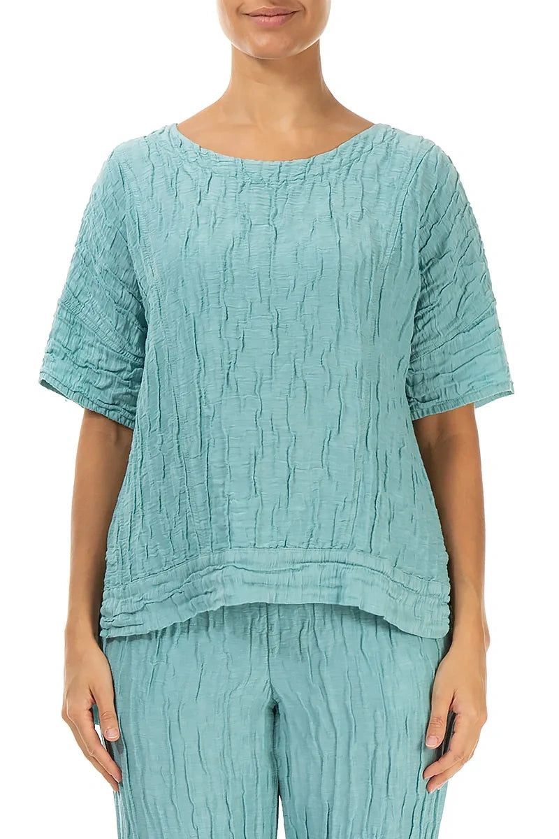 Horizontal Hem Crinkled Mint Silk Linen Blouse 1