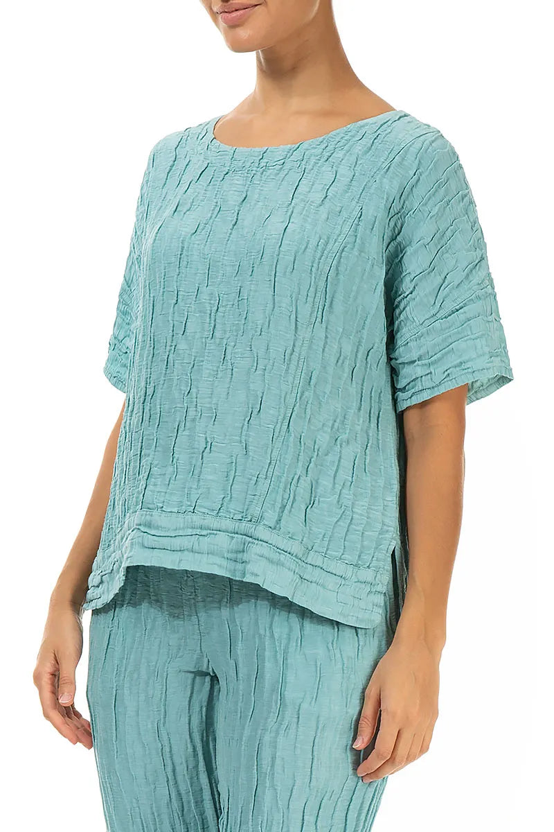 Horizontal Hem Crinkled Mint Silk Linen Blouse 3
