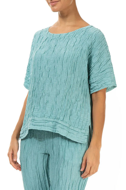Horizontal Hem Crinkled Mint Silk Linen Blouse 3