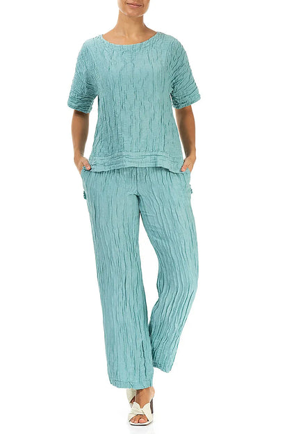 Horizontal Hem Crinkled Mint Silk Linen Blouse 4