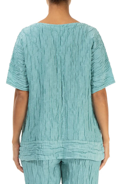 Horizontal Hem Crinkled Mint Silk Linen Blouse 2
