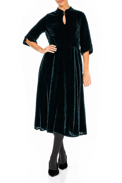 Keyhole Neck Deep Turquoise Silk Velvet Dress