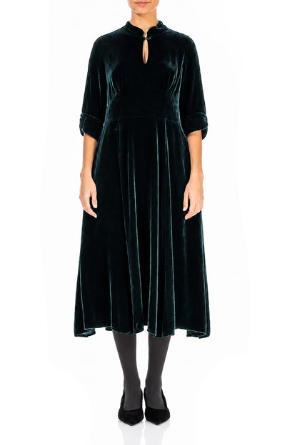 Keyhole Neck Deep Turquoise Silk Velvet Dress