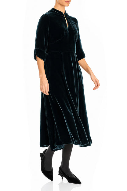 Keyhole Neck Deep Turquoise Silk Velvet Dress