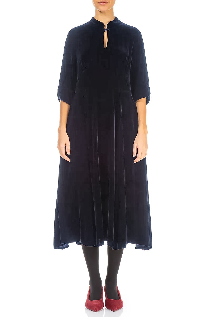 Keyhole Neck Slate Blue Silk Velvet Dress 2