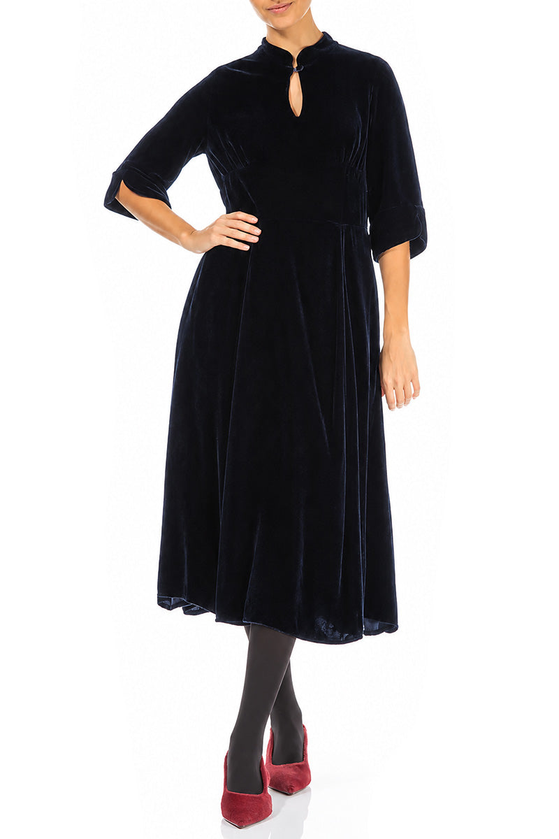 Keyhole Neck Slate Blue Silk Velvet Dress 5