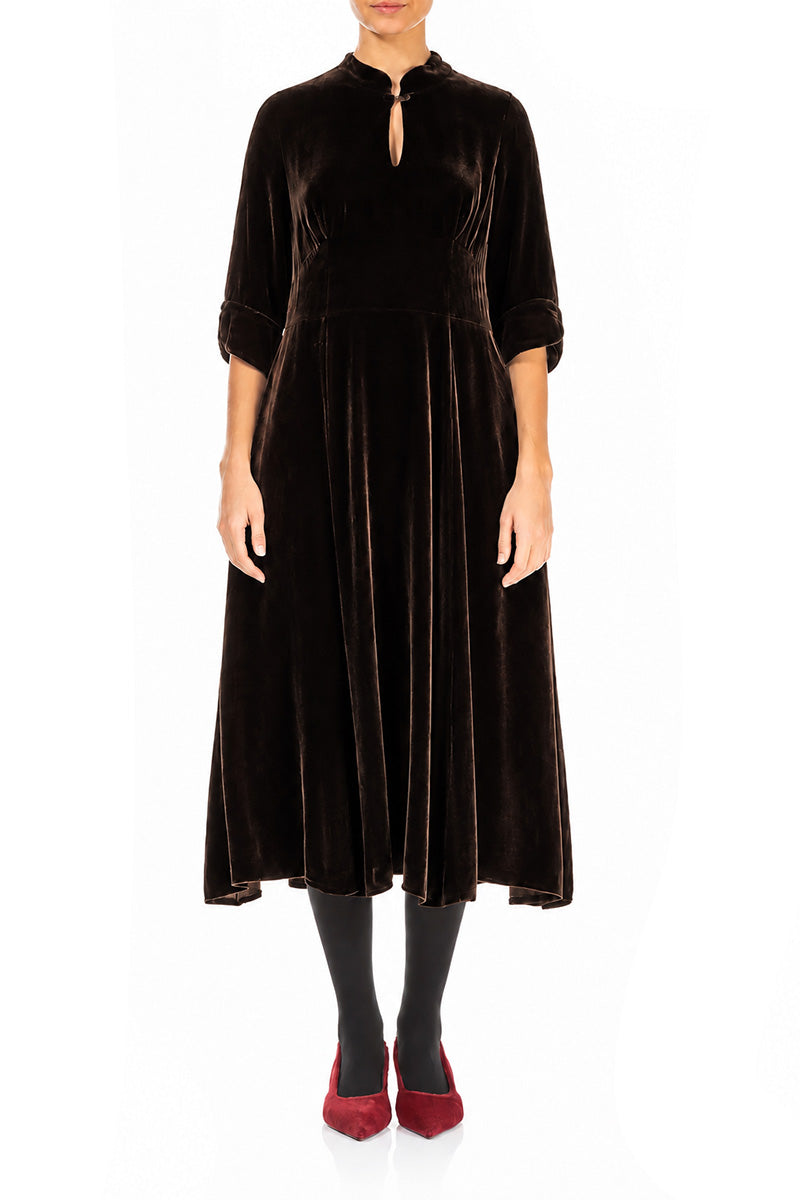 Keyhole Neck Truffle Brown Silk Velvet Dress 1