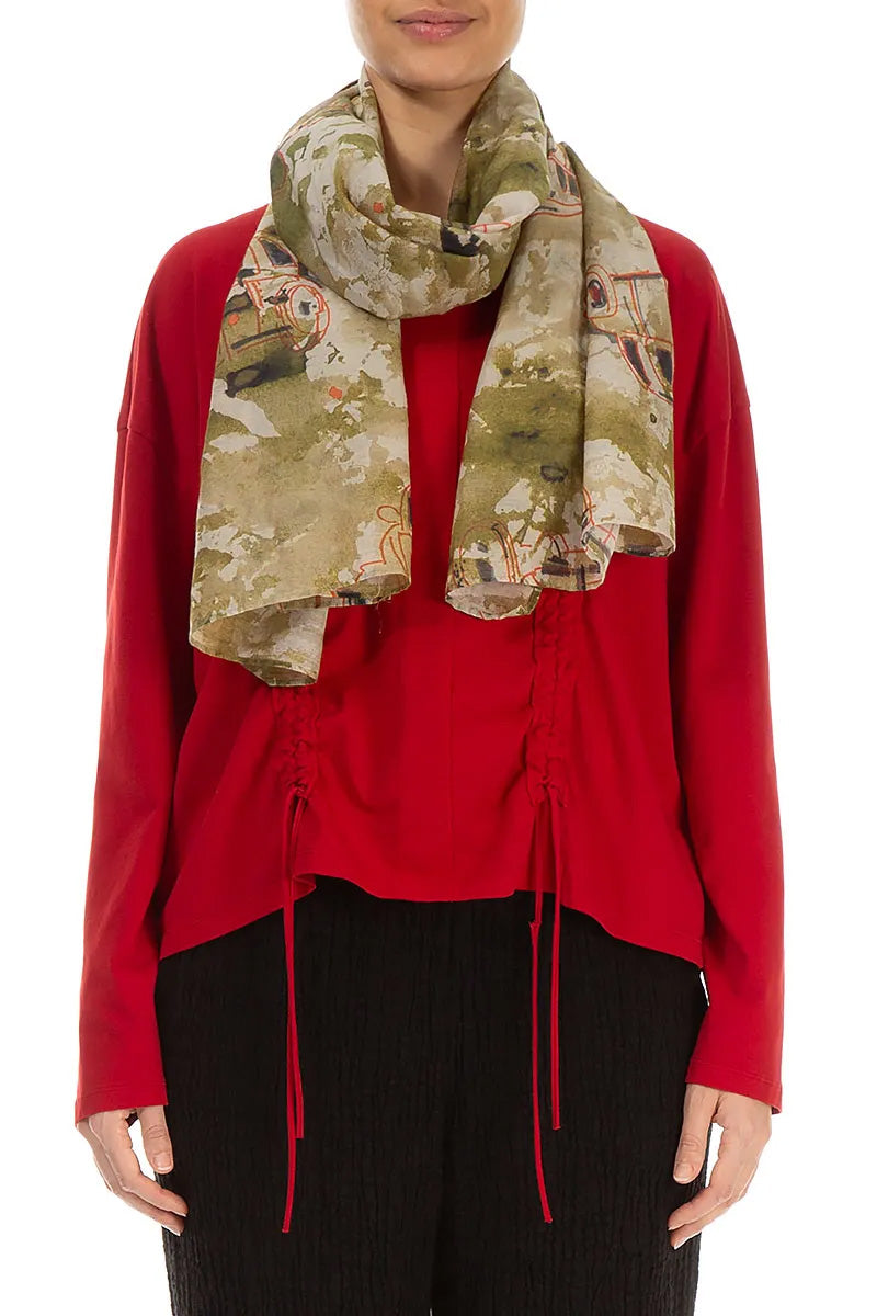 Écharpe rétro kaki en soie et coton