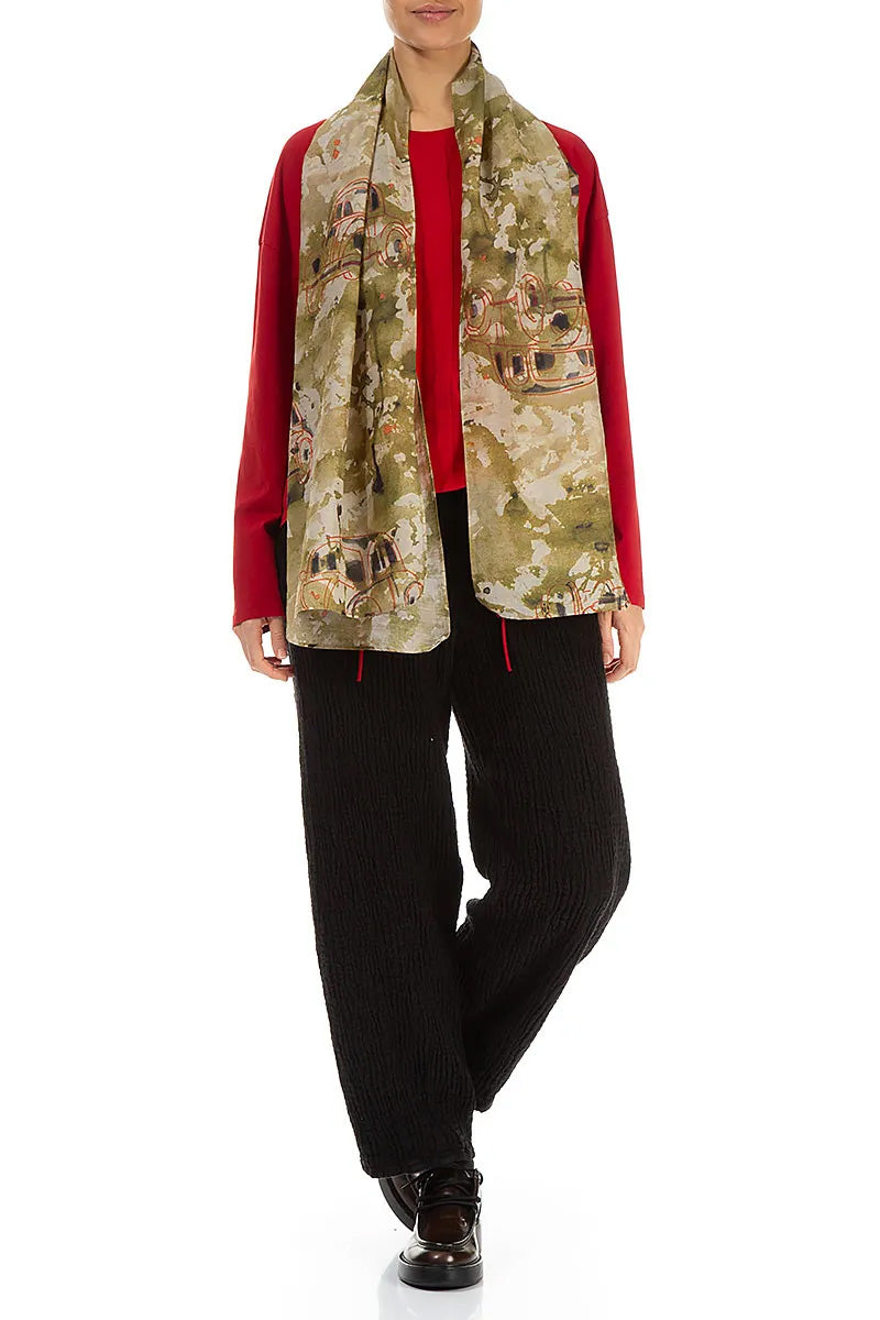 Écharpe rétro kaki en soie et coton