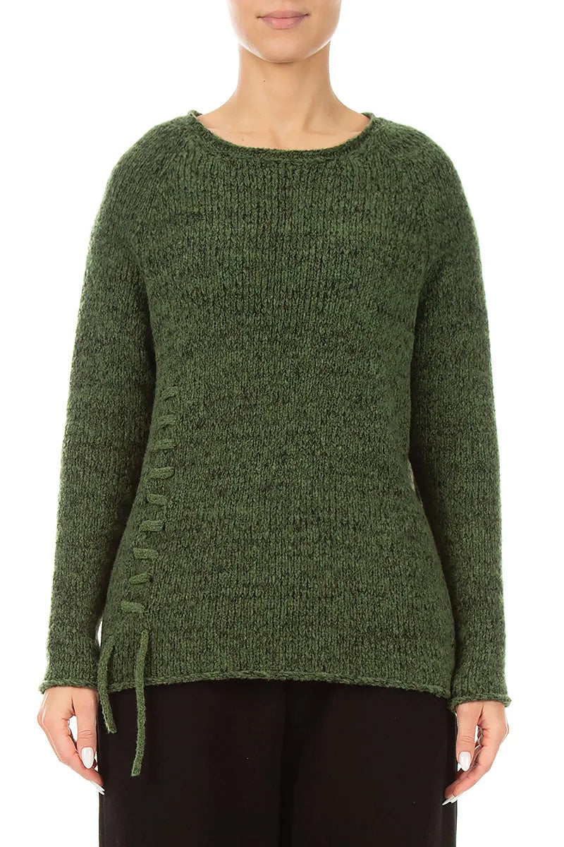 Lace-Up Dark Sage Wool Sweater