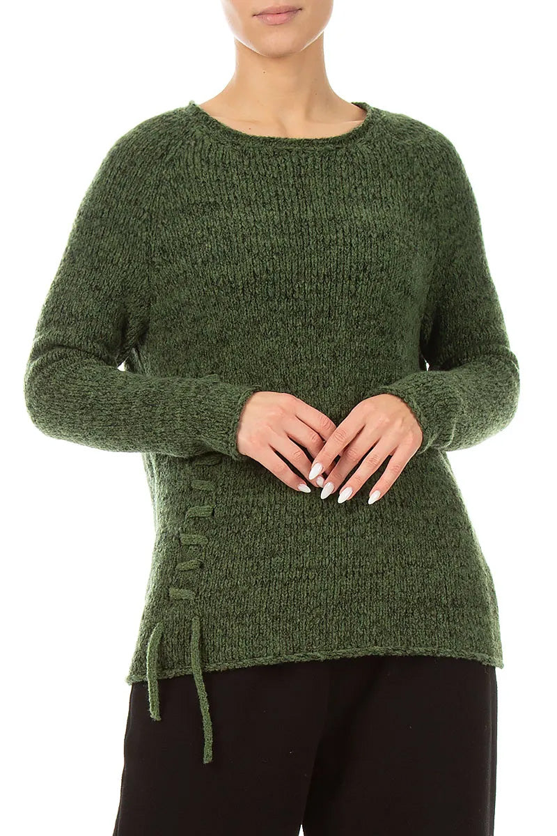 Lace-Up Dark Sage Wool Sweater