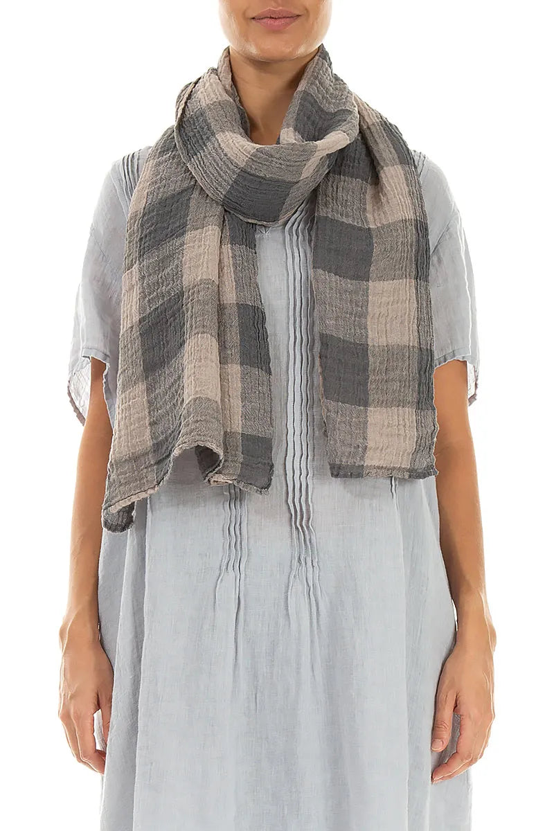 Large Check Beige Gauze Linen Scarf