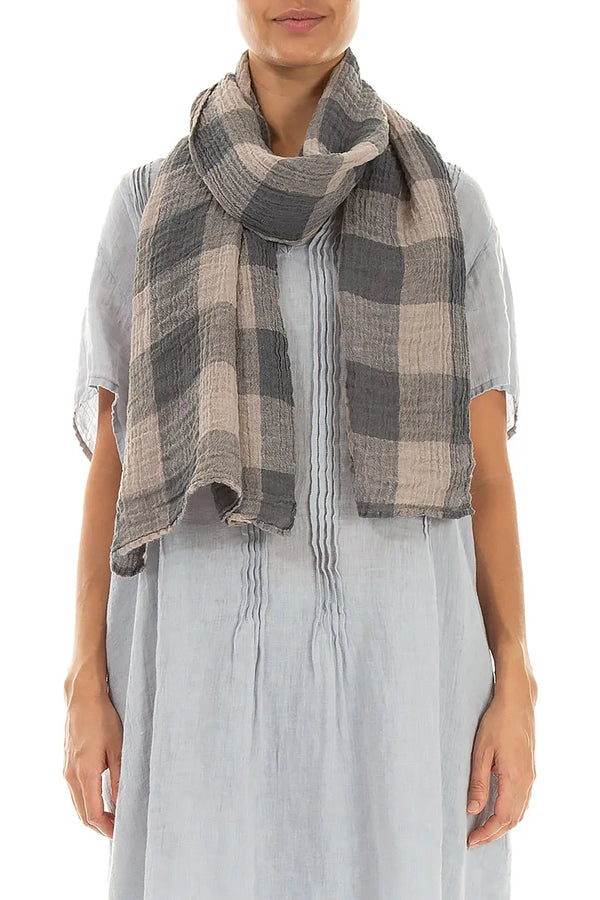 Large Check Beige Gauze Linen Scarf