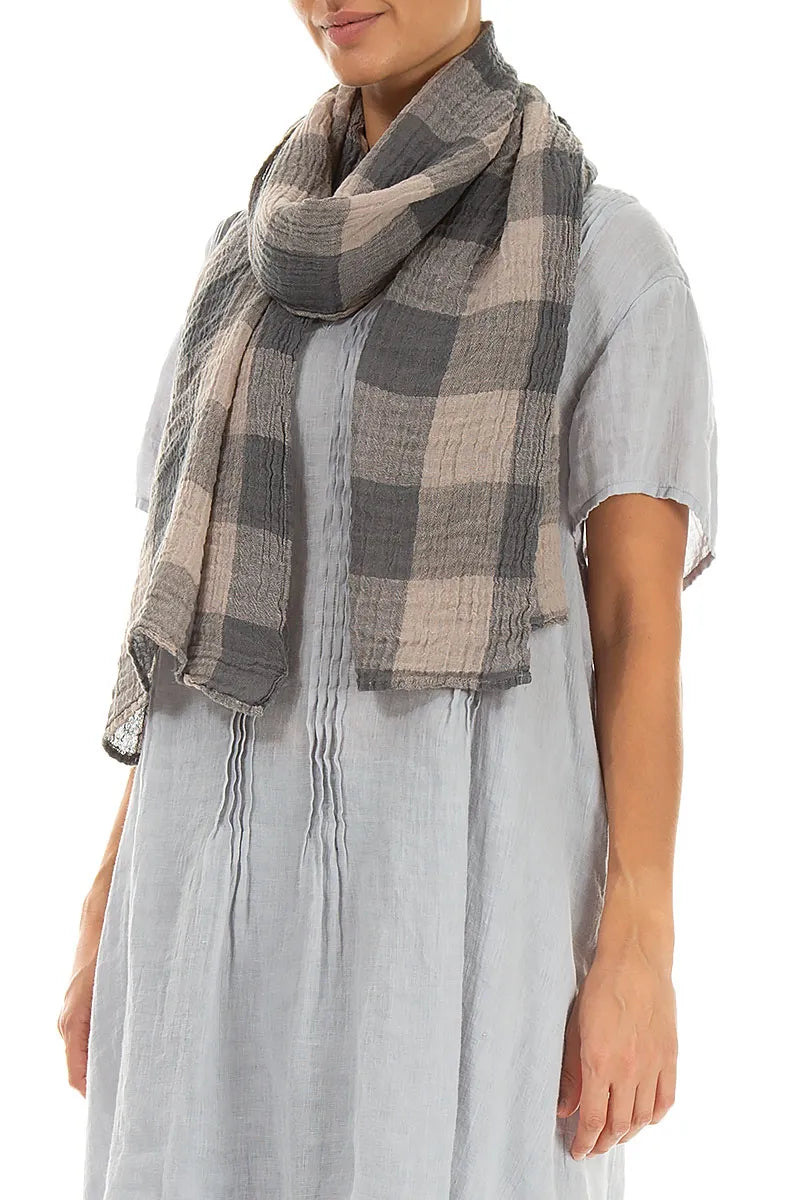 Large Check Beige Gauze Linen Scarf