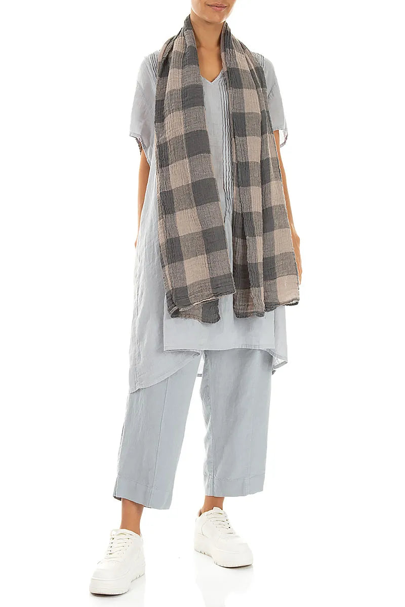 Large Check Beige Gauze Linen Scarf