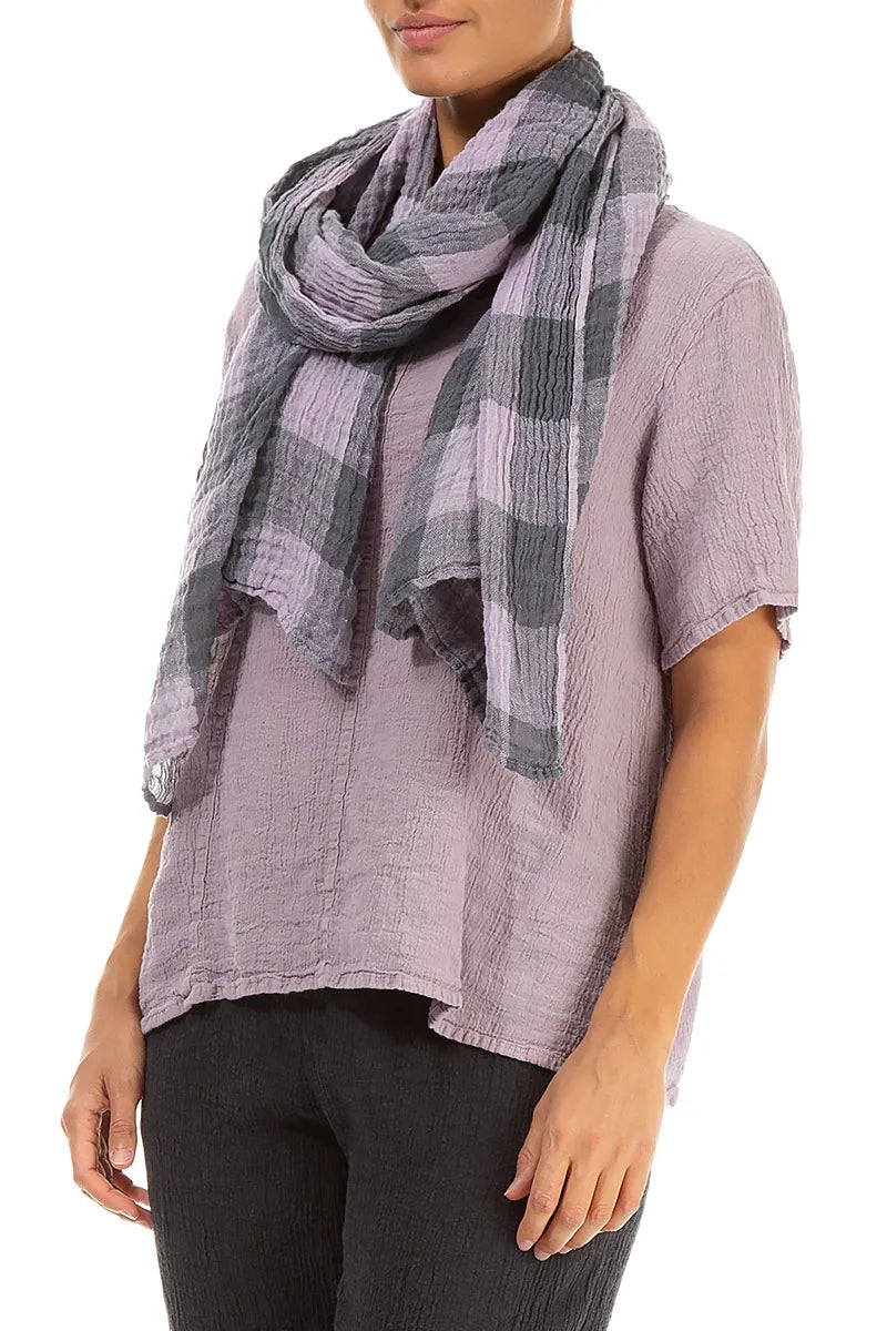 Large Check Lilac Gauze Linen Scarf 3