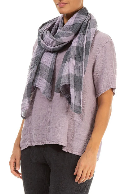 Large Check Lilac Gauze Linen Scarf 3