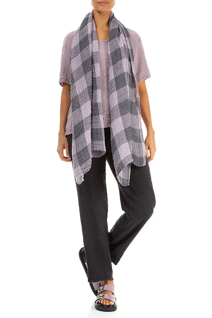 Large Check Lilac Gauze Linen Scarf 2
