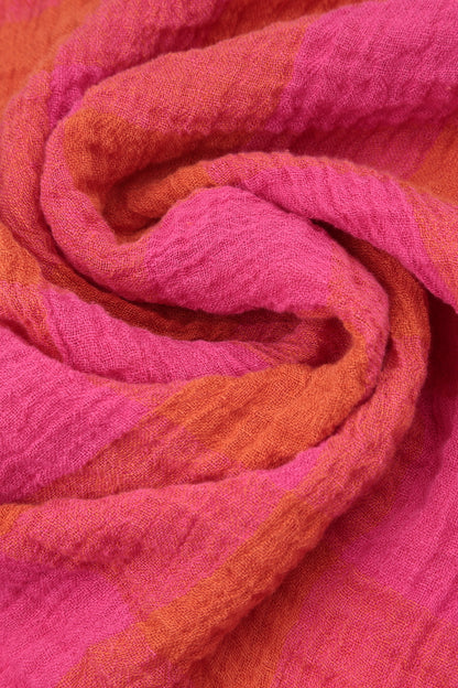Large Check Pink Orange Gauze Linen Scarf 4