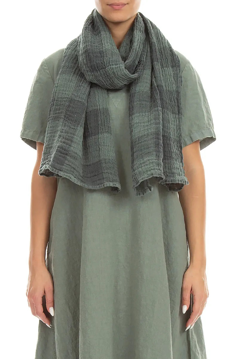 Large Check Sage Gauze Linen Scarf 1