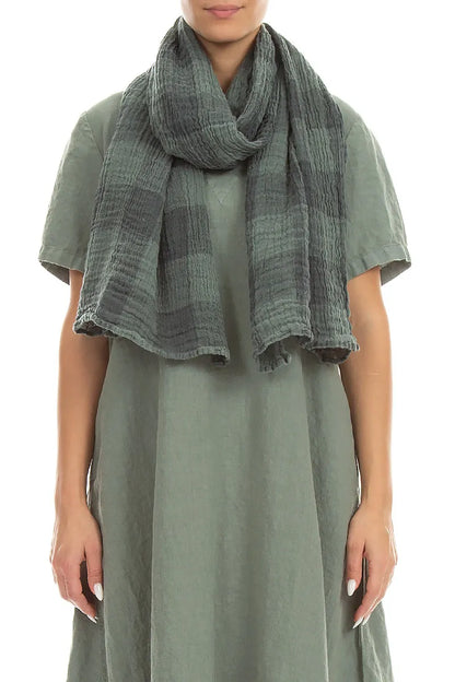 Large Check Sage Gauze Linen Scarf 1