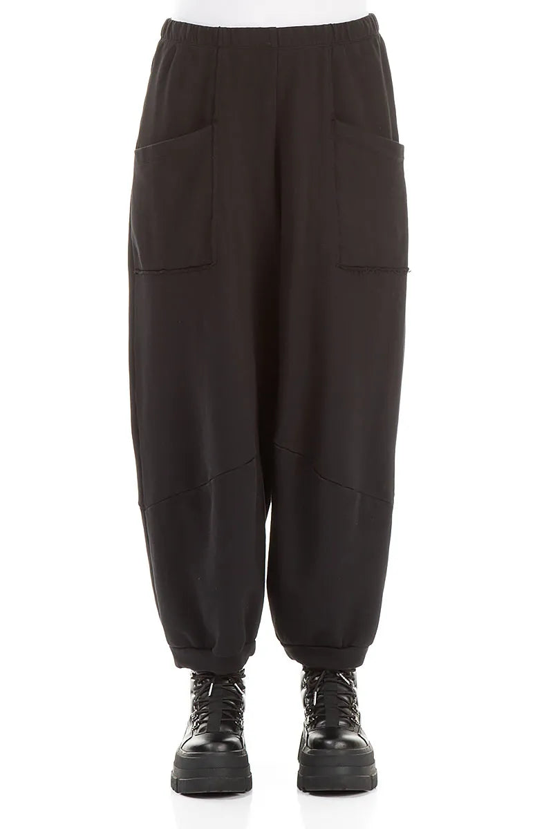 Large Pockets Black French Terry Cotton Trousers