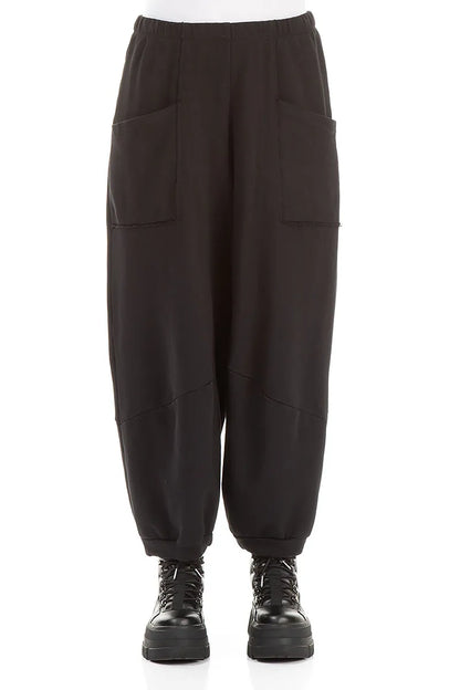 Large Pockets Black French Terry Cotton Trousers