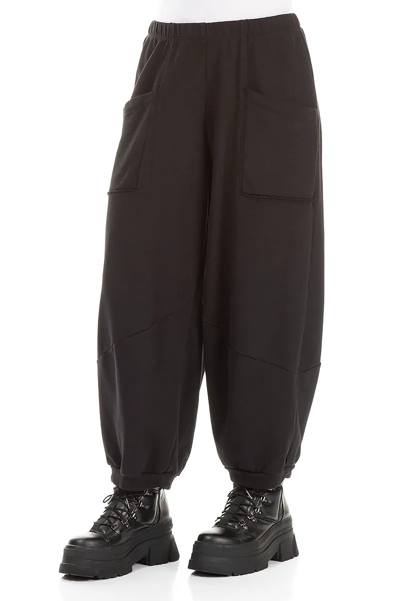 Large Pockets Black French Terry Cotton Trousers