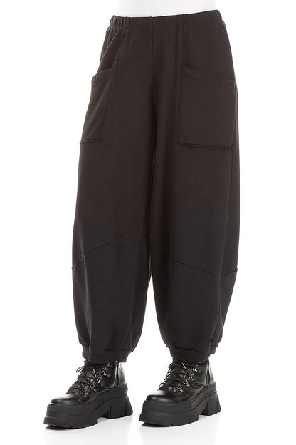 Large Pockets Black French Terry Cotton Trousers