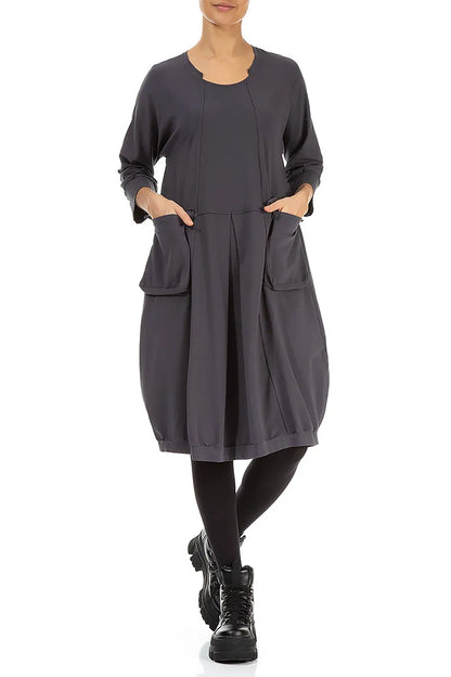 Large Pockets Graphite Cotton Dress 4