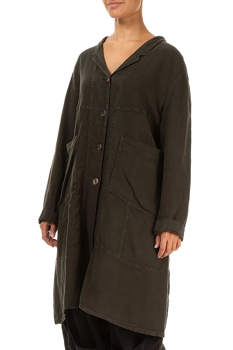 Large Pockets Dark Brown Linen Jacket 3