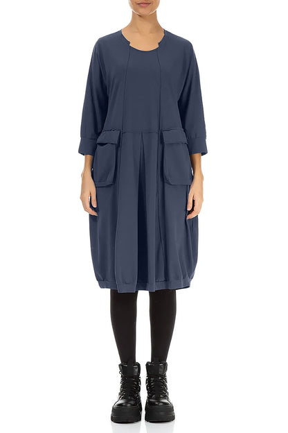 Large Pockets Slate Blue Cotton Dress 1